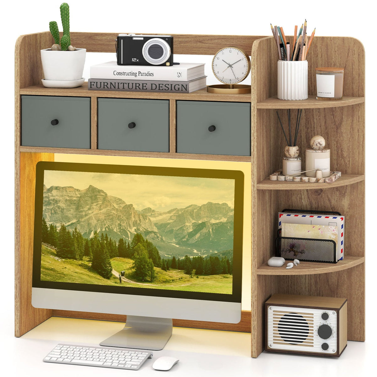 Desktop Bookshelf with LED Lights 5-Tier Shelves and 3 Drawers for Home Officce-Natural-Bookcases-DECOROLALA