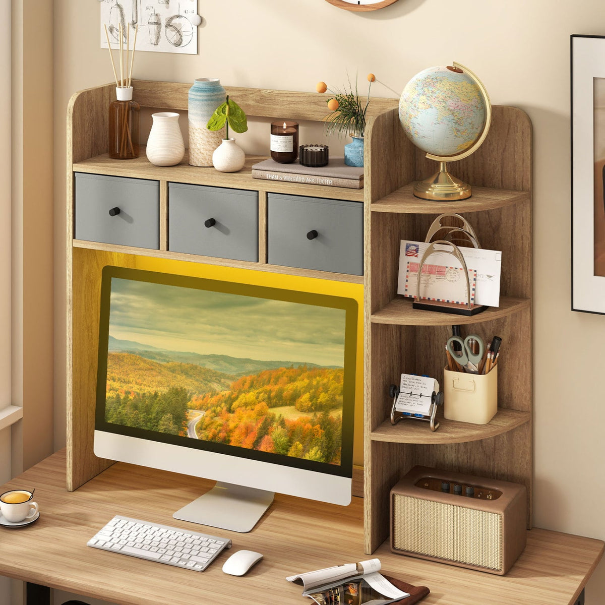 Desktop Bookshelf with LED Lights 5-Tier Shelves and 3 Drawers for Home Officce-Natural-Bookcases-DECOROLALA