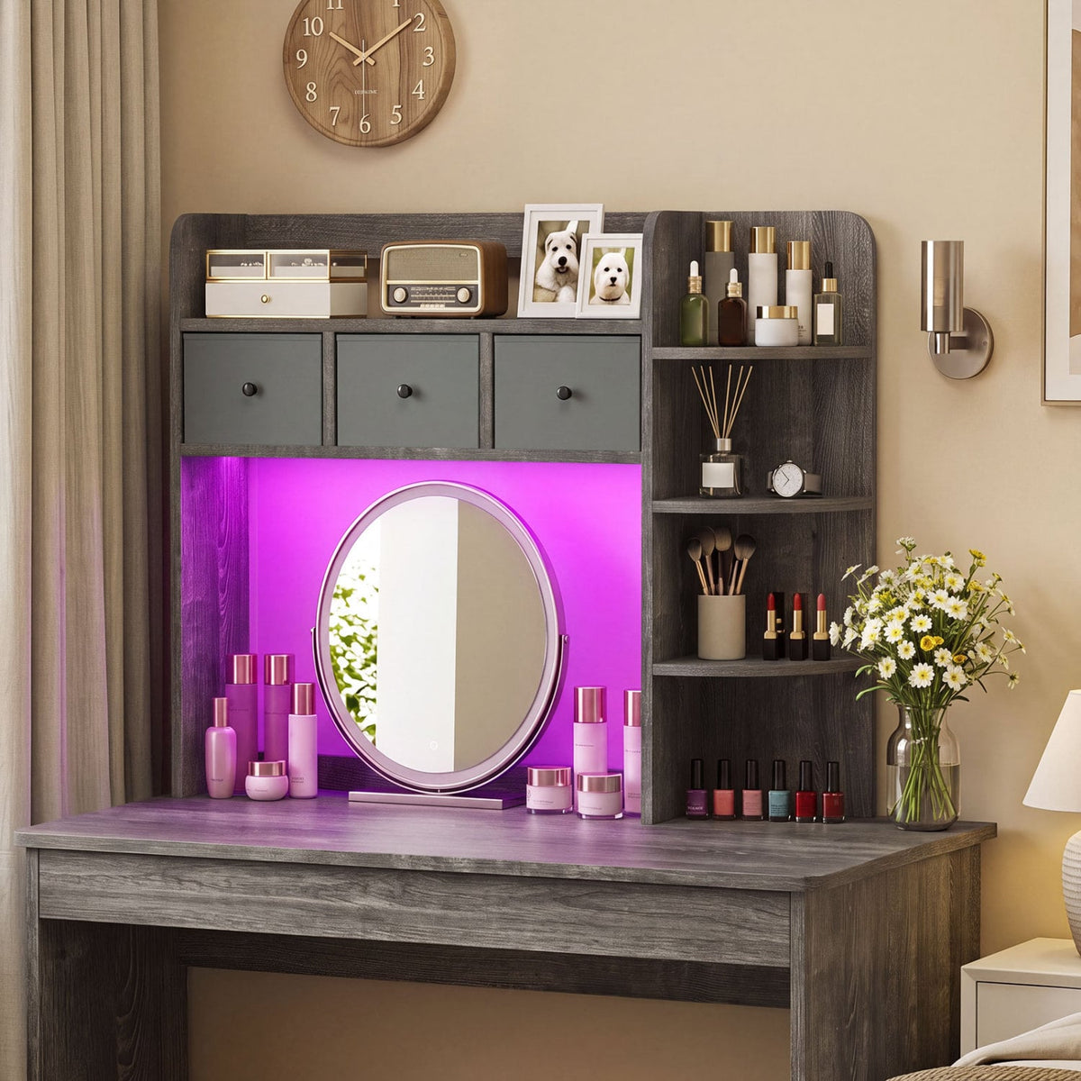 Desktop Bookshelf with LED Lights 5-Tier Shelves and 3 Drawers for Home Officce-Oak Gray-Bookcases-DECOROLALA