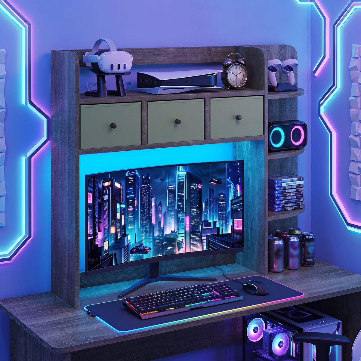 Desktop Bookshelf with LED Lights 5-Tier Shelves and 3 Drawers for Home Officce-Oak Gray-Bookcases-DECOROLALA
