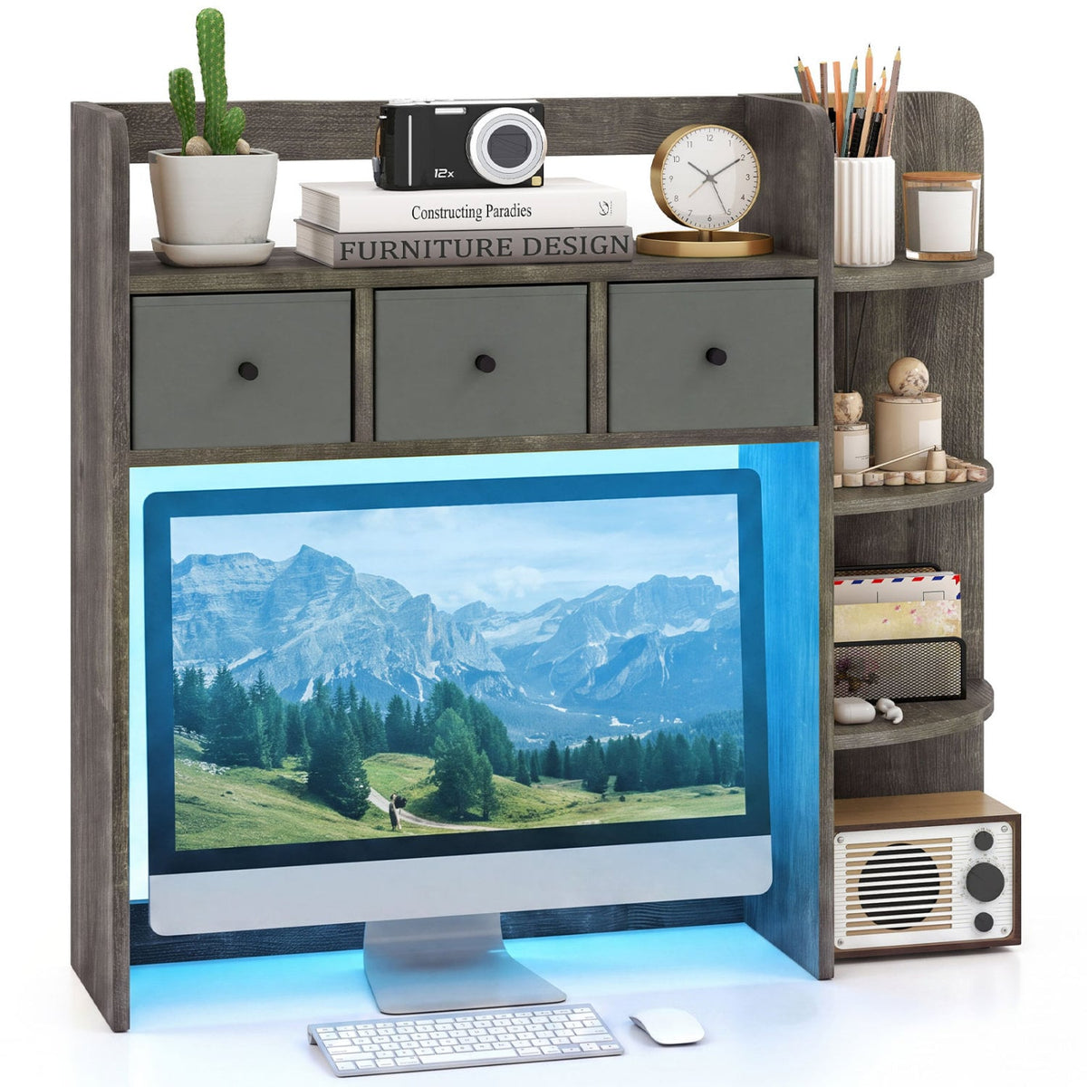 Desktop Bookshelf with LED Lights 5-Tier Shelves and 3 Drawers for Home Officce-Oak Gray-Bookcases-DECOROLALA