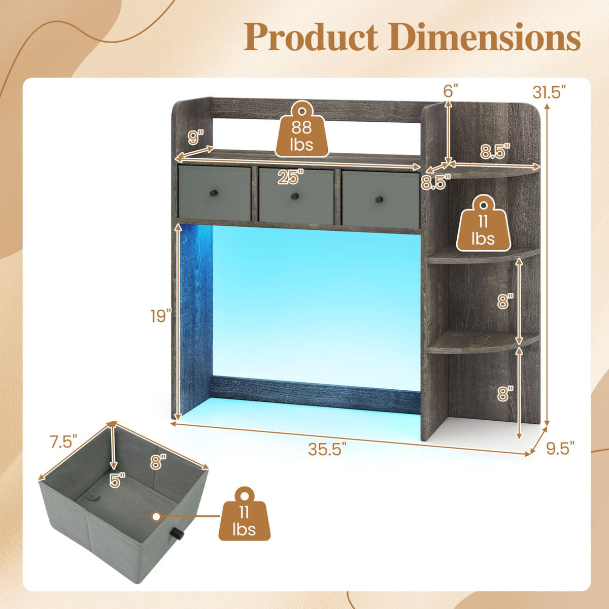 Desktop Bookshelf with LED Lights 5-Tier Shelves and 3 Drawers for Home Officce-Oak Gray-Bookcases-DECOROLALA