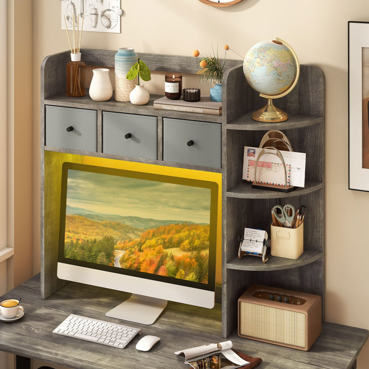 Desktop Bookshelf with LED Lights 5-Tier Shelves and 3 Drawers for Home Officce-Oak Gray-Bookcases-DECOROLALA