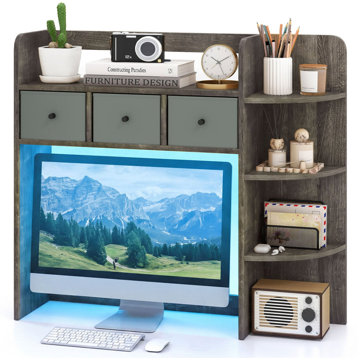Desktop Bookshelf with LED Lights 5-Tier Shelves and 3 Drawers for Home Officce-Oak Gray-Bookcases-DECOROLALA