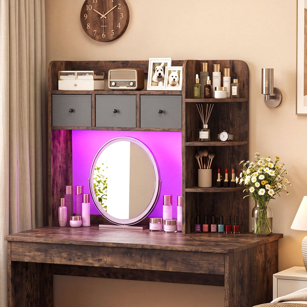 Desktop Bookshelf with LED Lights 5-Tier Shelves and 3 Drawers for Home Officce-Rustic Brown-Bookcases-DECOROLALA