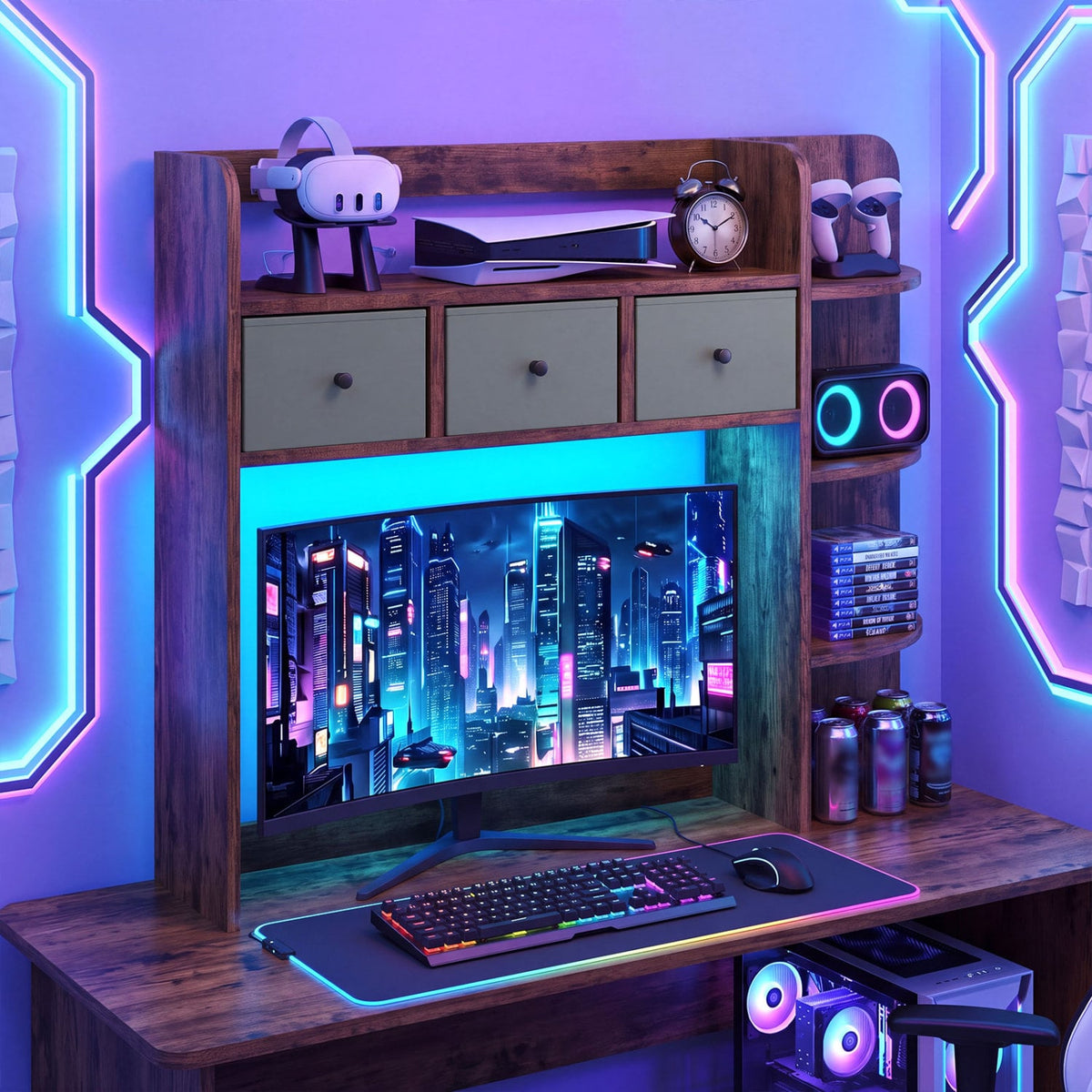 Desktop Bookshelf with LED Lights 5-Tier Shelves and 3 Drawers for Home Officce-Rustic Brown-Bookcases-DECOROLALA