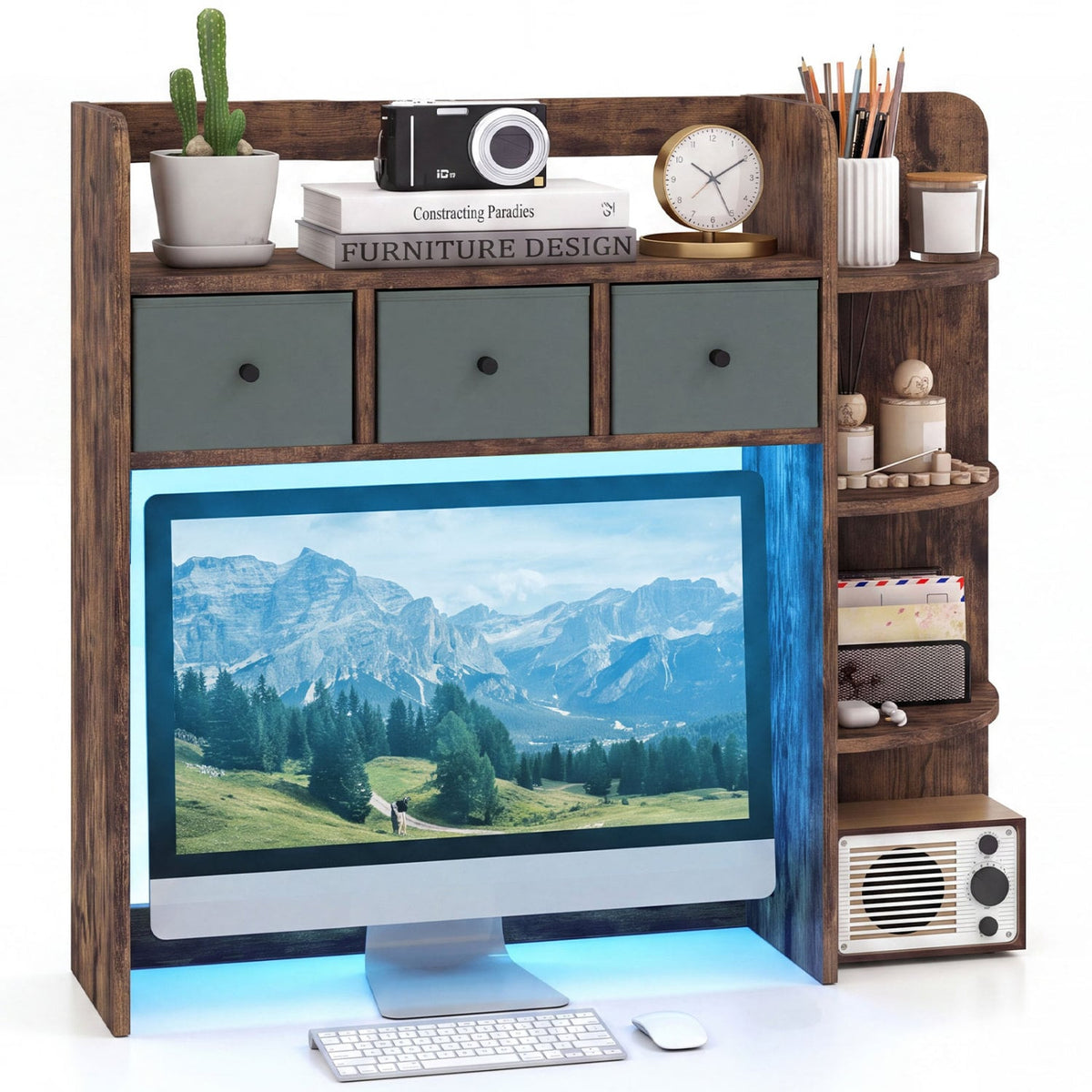 Desktop Bookshelf with LED Lights 5-Tier Shelves and 3 Drawers for Home Officce-Rustic Brown-Bookcases-DECOROLALA
