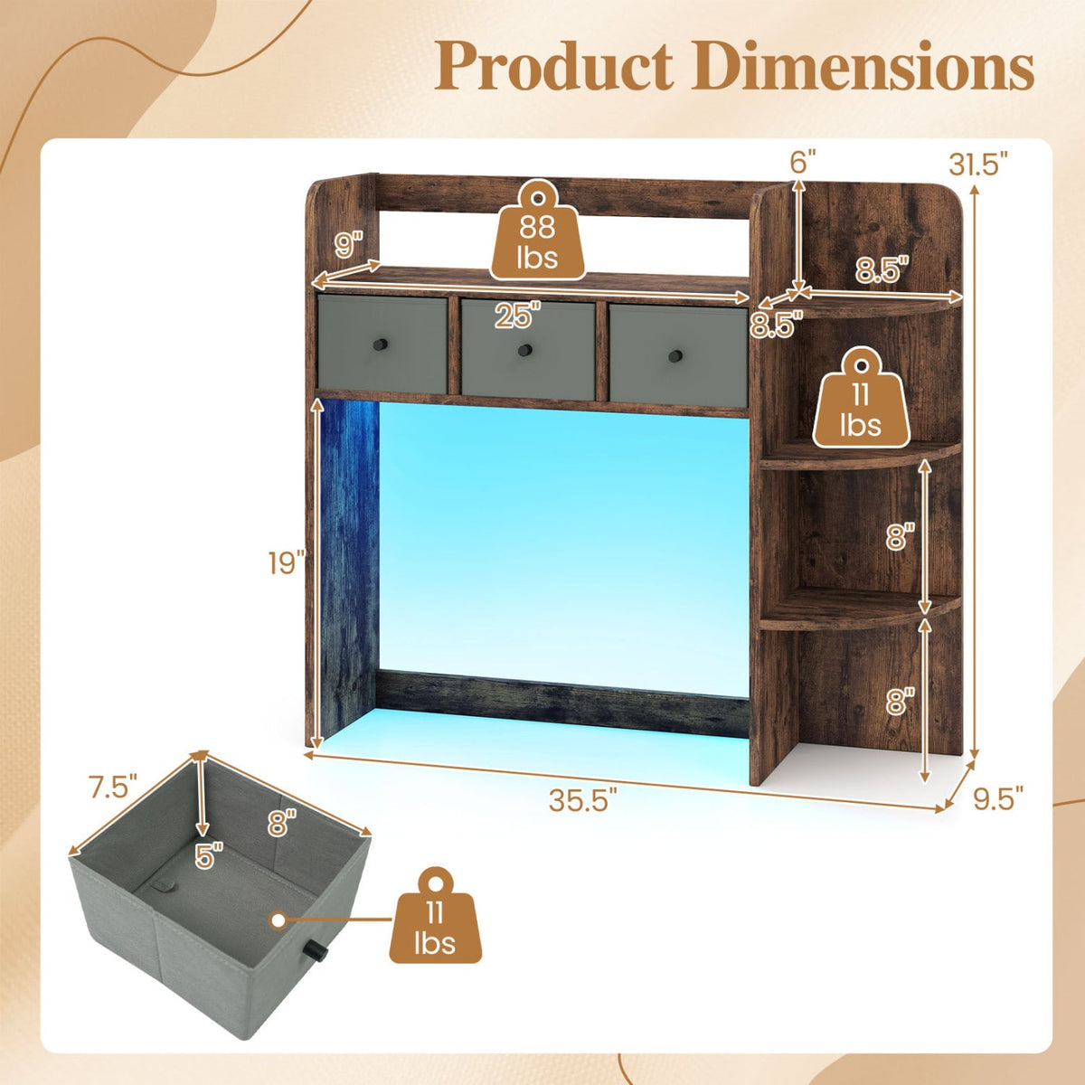 Desktop Bookshelf with LED Lights 5-Tier Shelves and 3 Drawers for Home Officce-Rustic Brown-Bookcases-DECOROLALA