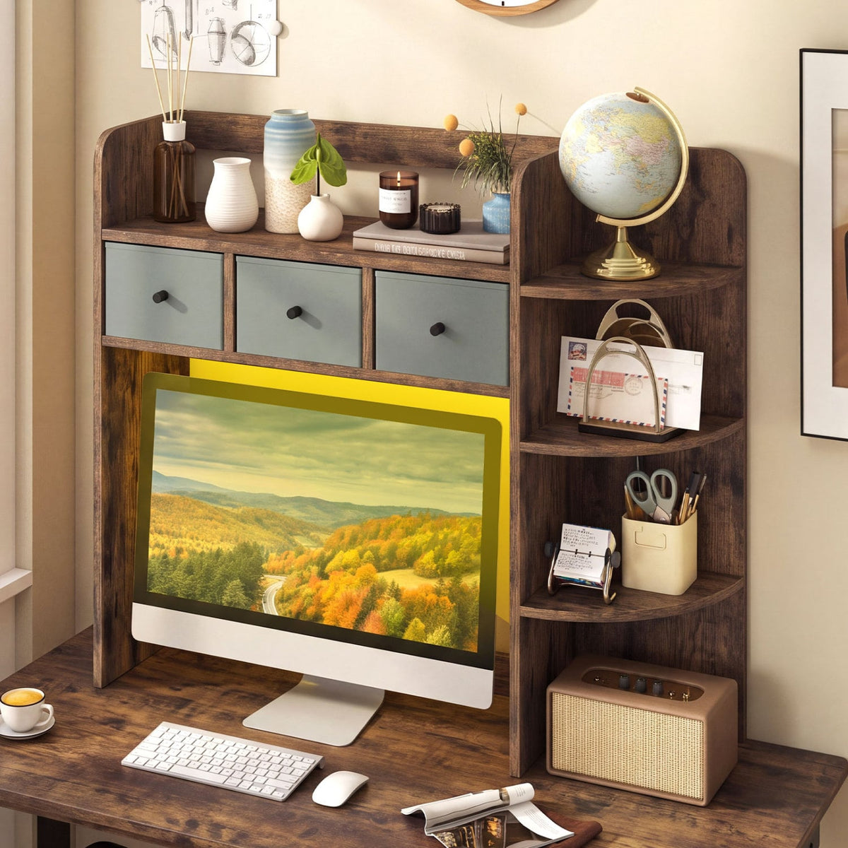 Desktop Bookshelf with LED Lights 5-Tier Shelves and 3 Drawers for Home Officce-Rustic Brown-Bookcases-DECOROLALA