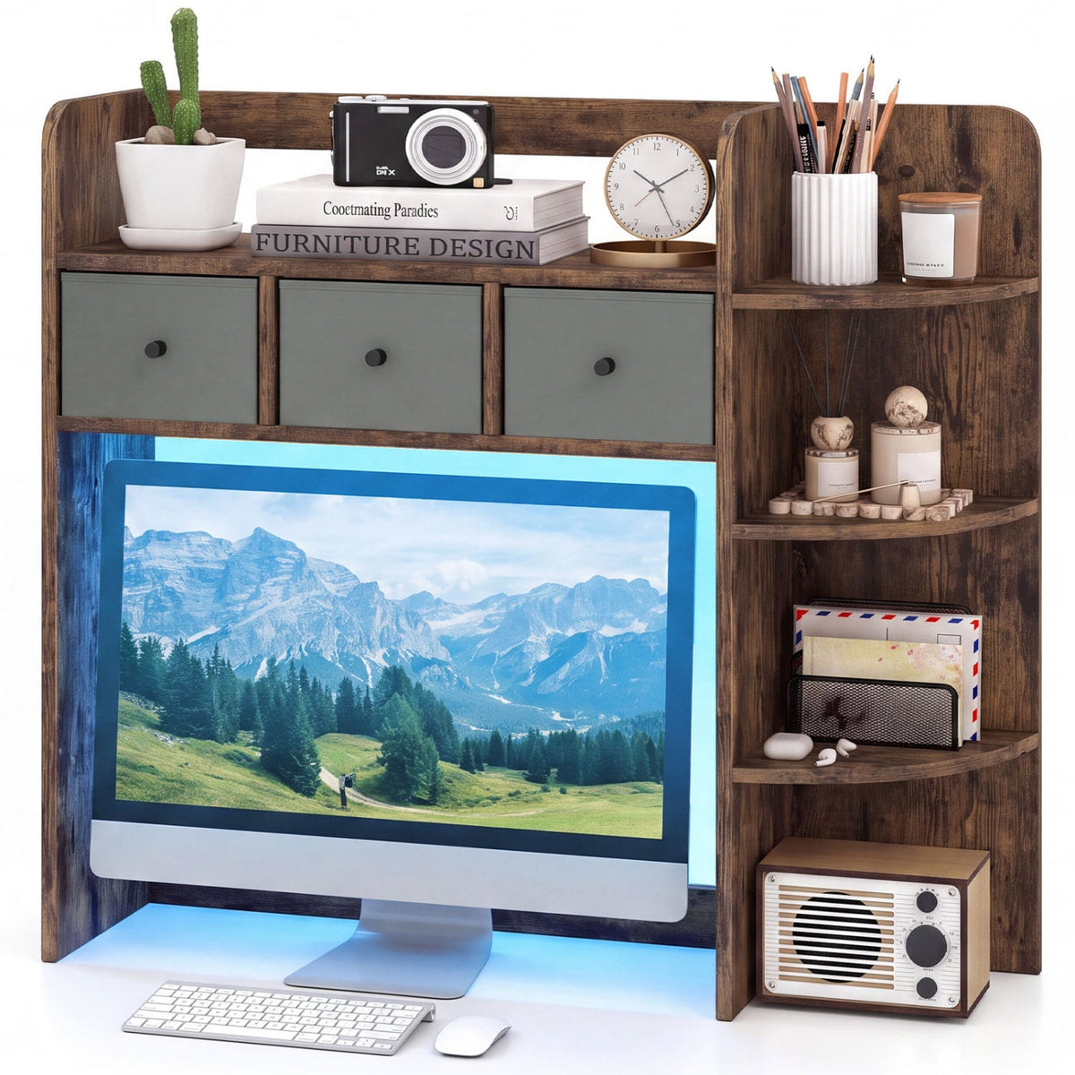 Desktop Bookshelf with LED Lights 5-Tier Shelves and 3 Drawers for Home Officce-Rustic Brown-Bookcases-DECOROLALA