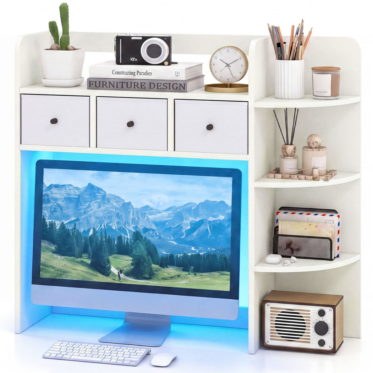 Desktop Bookshelf with LED Lights 5-Tier Shelves and 3 Drawers for Home Officce-White-Bookcases-DECOROLALA