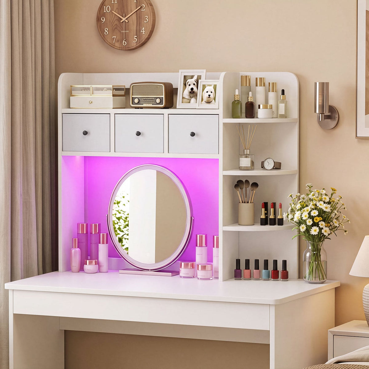 Desktop Bookshelf with LED Lights 5-Tier Shelves and 3 Drawers for Home Officce-White-Bookcases-DECOROLALA