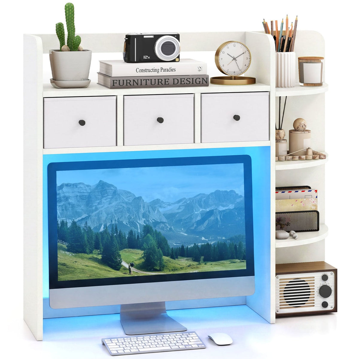 Desktop Bookshelf with LED Lights 5-Tier Shelves and 3 Drawers for Home Officce-White-Bookcases-DECOROLALA