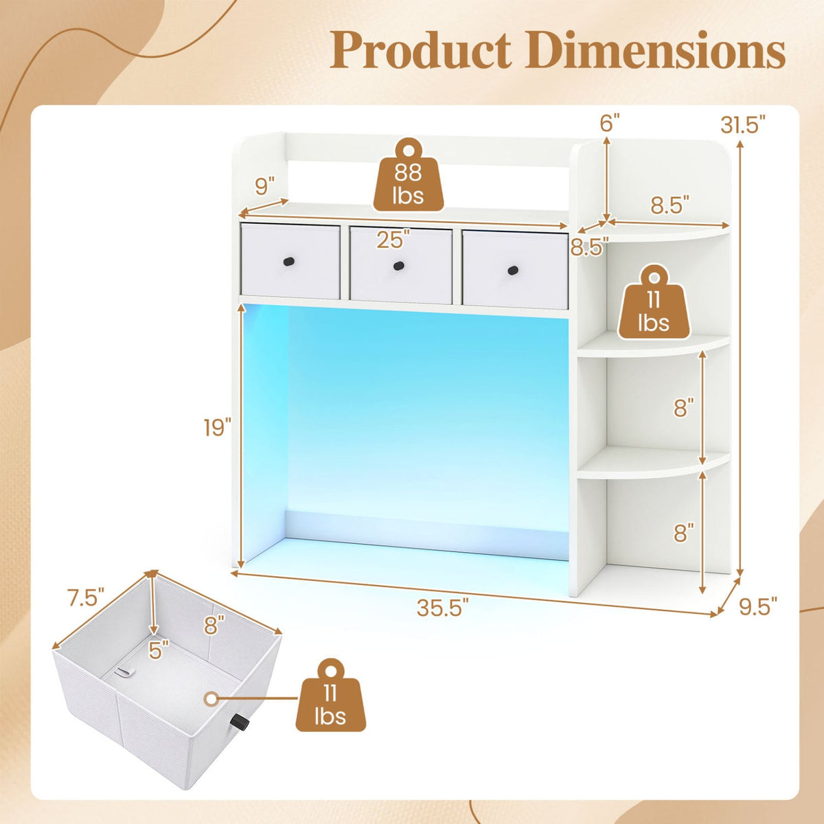 Desktop Bookshelf with LED Lights 5-Tier Shelves and 3 Drawers for Home Officce-White-Bookcases-DECOROLALA