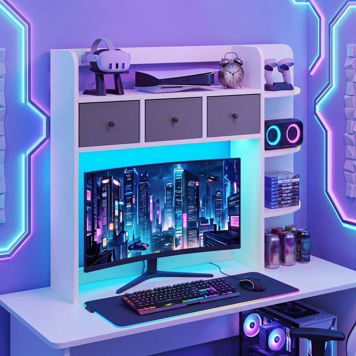 Desktop Bookshelf with LED Lights 5-Tier Shelves and 3 Drawers for Home Officce-White-Bookcases-DECOROLALA