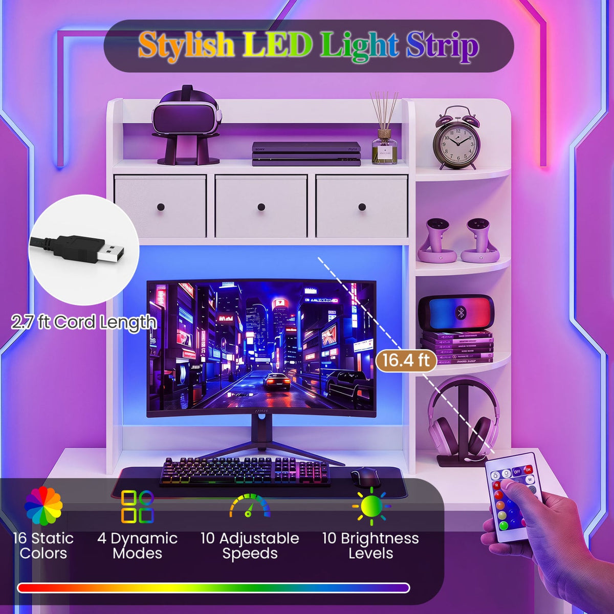 Desktop Bookshelf with LED Lights 5-Tier Shelves and 3 Drawers for Home Officce-White-Bookcases-DECOROLALA