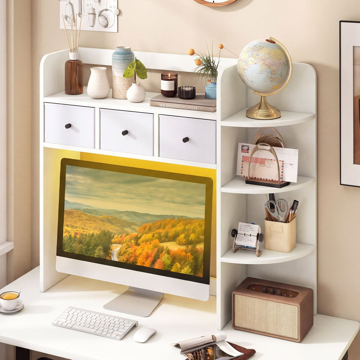 Desktop Bookshelf with LED Lights 5-Tier Shelves and 3 Drawers for Home Officce-White-Bookcases-DECOROLALA