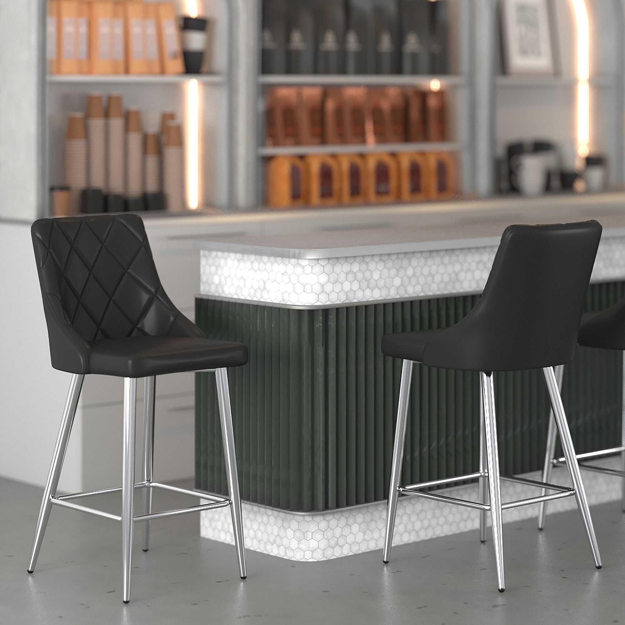 Devo 26" Counter Stool - Black Faux Leather & Chrome-DECOROLALA