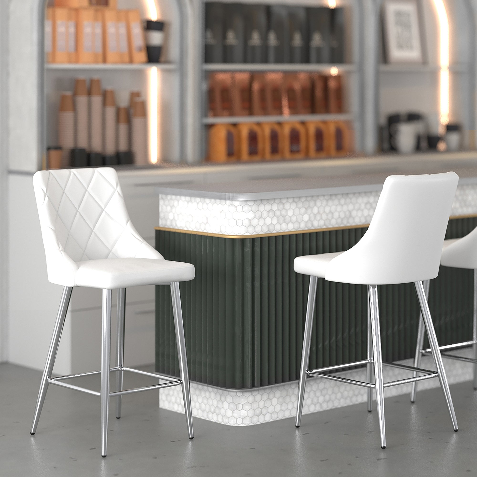 Devo 26" Counter Stool - White Faux Leather Chrome Finish-DECOROLALA
