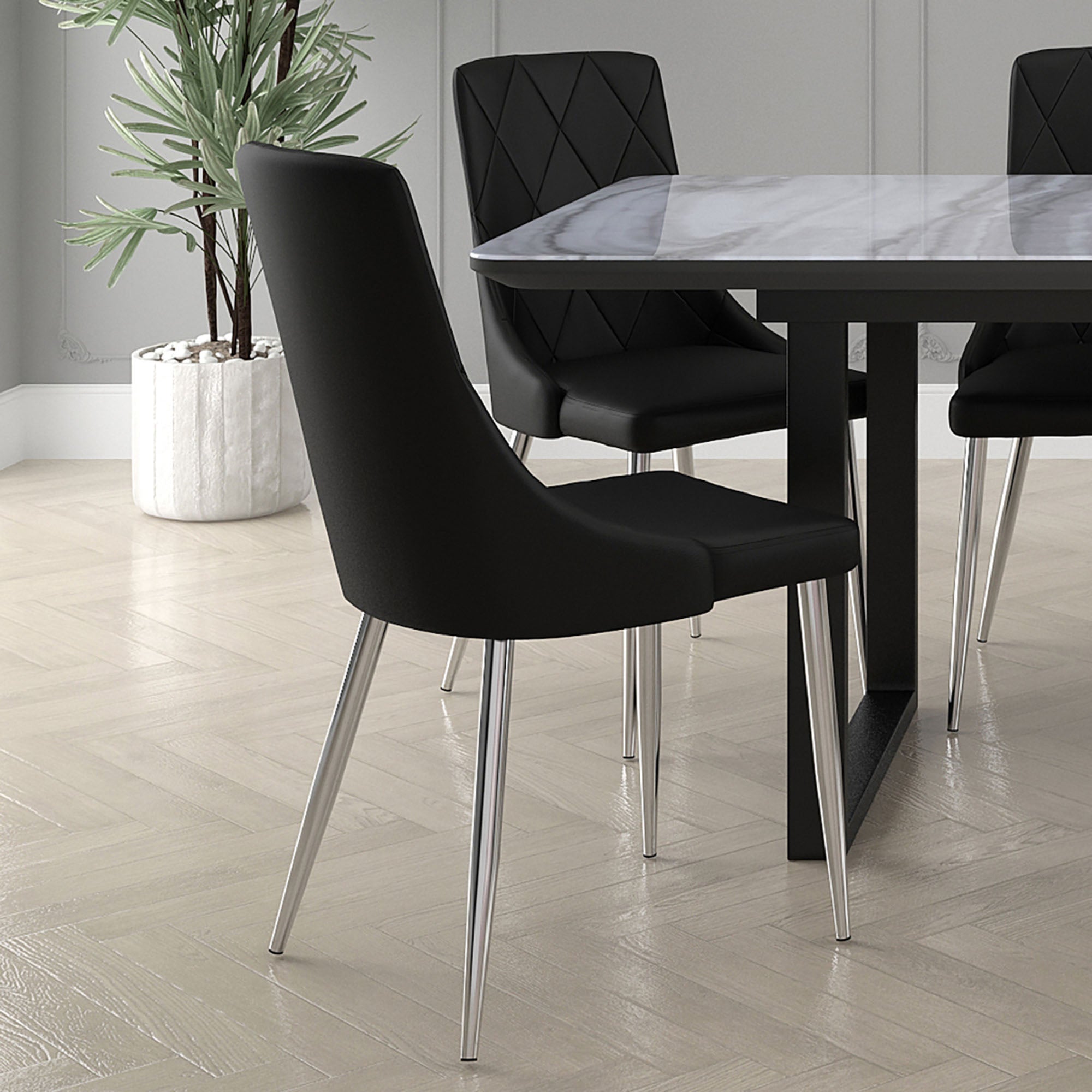 Devo Side Chair - Black Faux Leather and Wood Chrome Legs-DECOROLALA