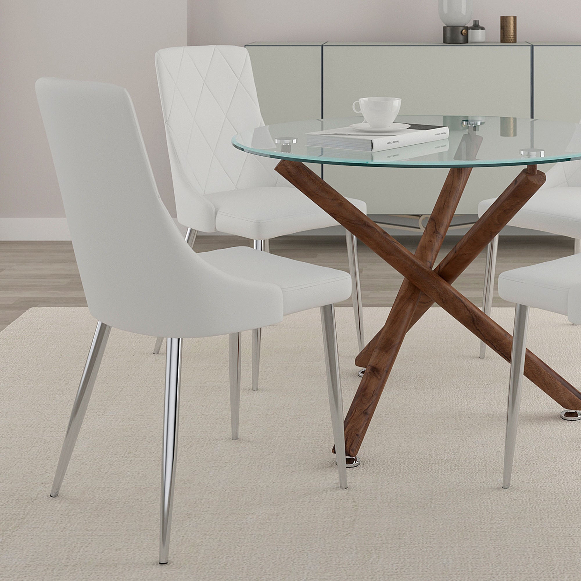 Devo Side Chair - White Faux Leather and Wood Chrome Legs-DECOROLALA