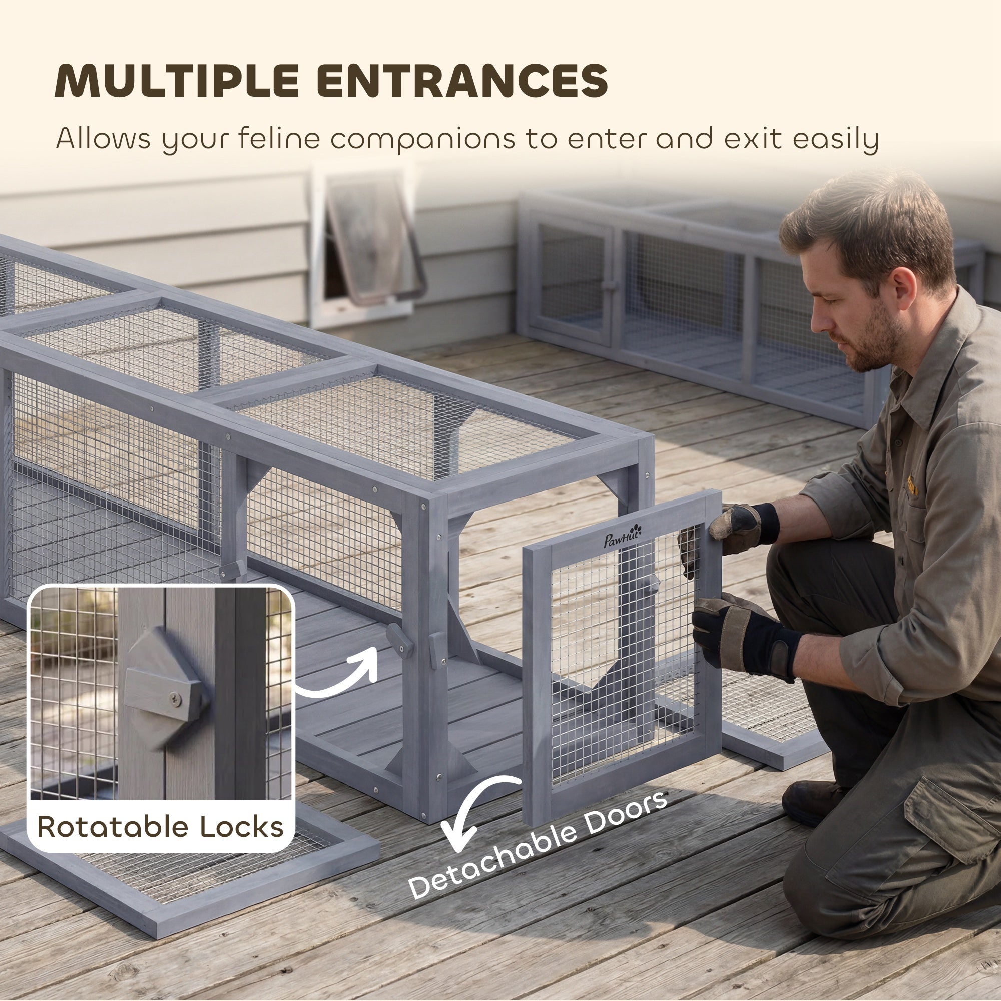 79" Long Cat Tunnel, Cat shelter L- Shape with Extendable Design for Indoor/Outdoor Use with Removable Door, Light Grey