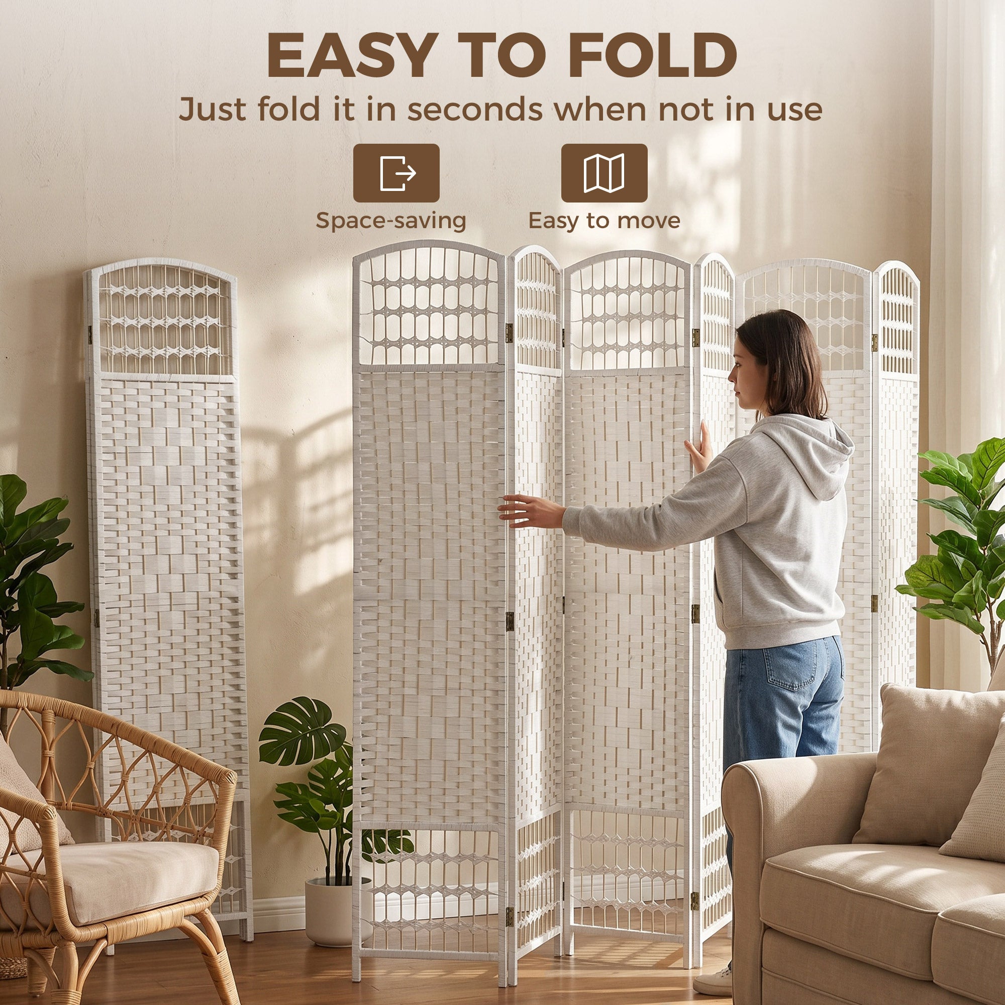 6 Panel Folding Room Divider, Portable Privacy Screen, Wave Fiber Room Partition for Home Office, White