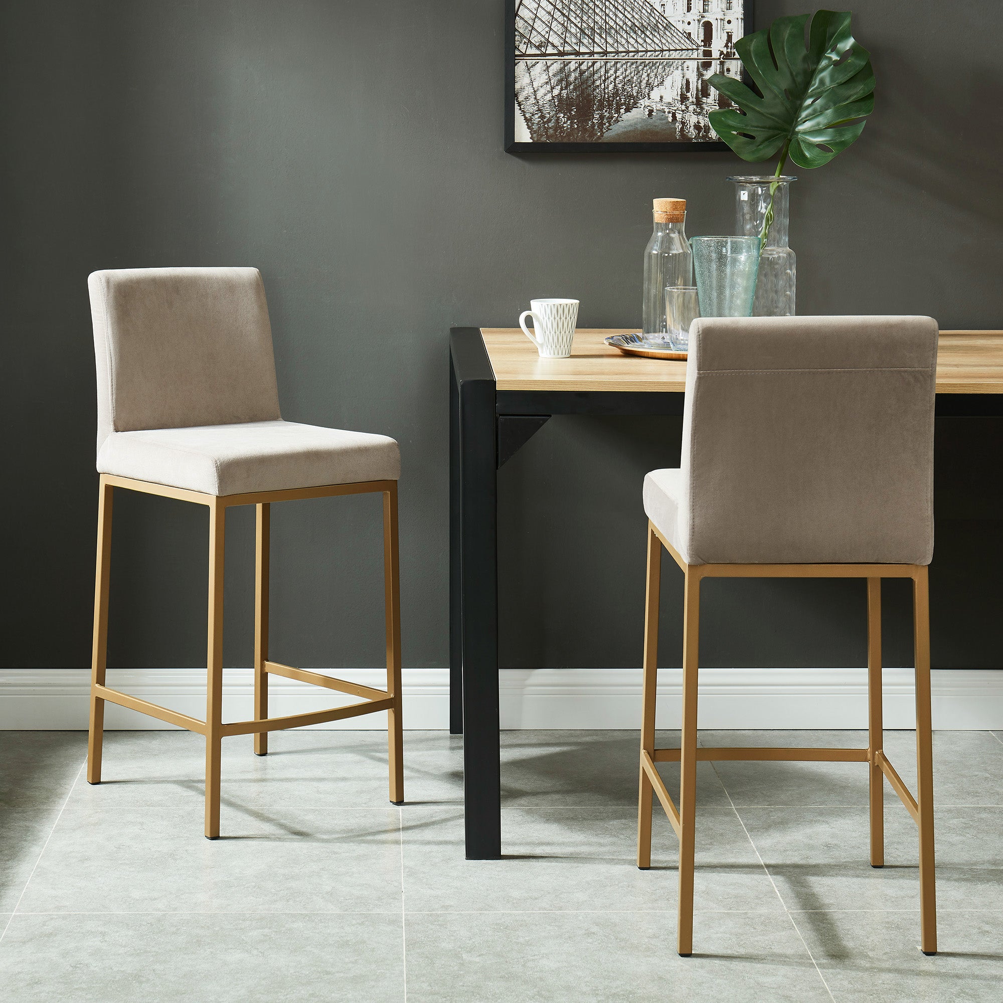 Diego Counter Stool - Beige Velvet and Aged Gold 26"-DECOROLALA