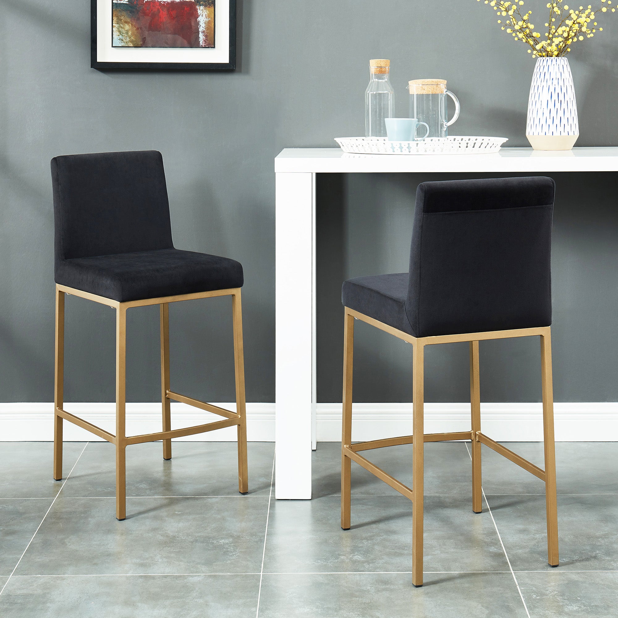 Diego Counter Stool - Black Velvet and Aged Gold 26"-DECOROLALA