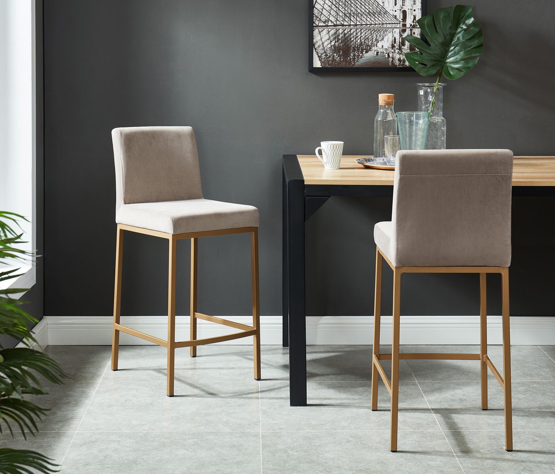 Diego Counter Stool - Grey Velvet and Aged Gold 26"-DECOROLALA