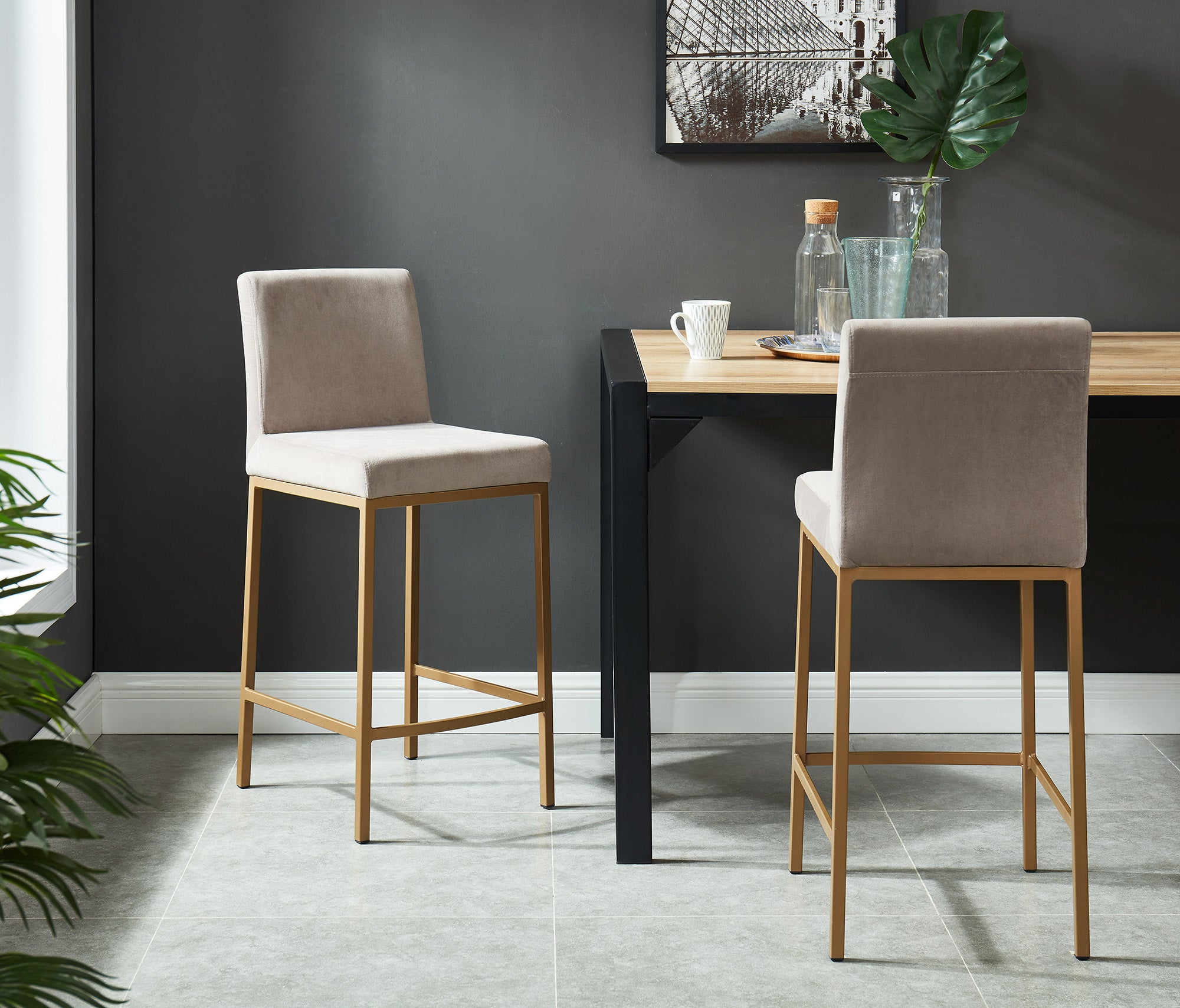 Diego Counter Stool - Grey Velvet and Aged Gold 26"-DECOROLALA