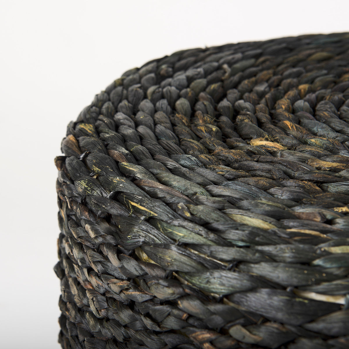 Dina 17.7L x 17.7W x 17.7H Black Cornhusk and Water Hyacinth Round Pouf-Poufs-DECOROLALA