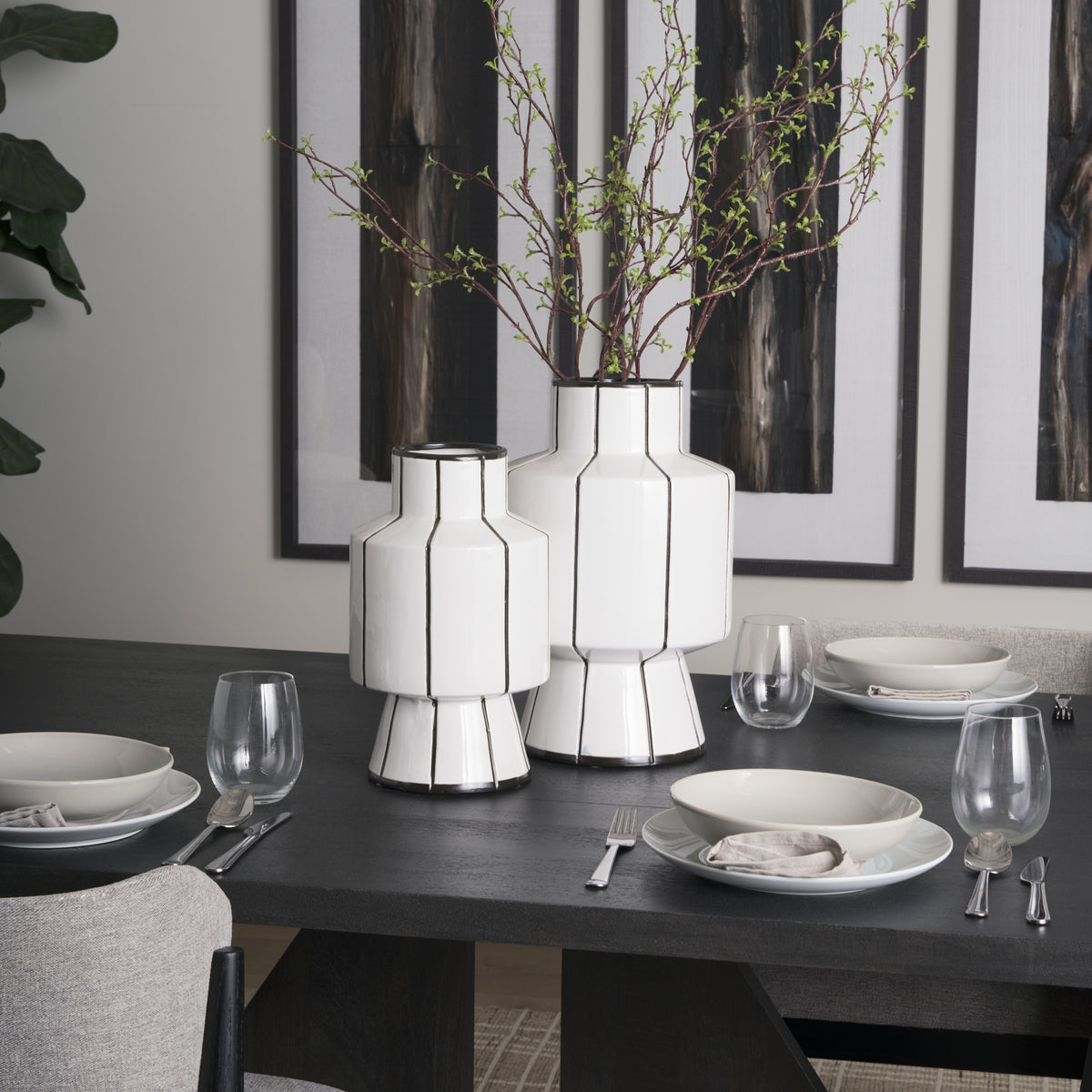 Dinah Small White w/ Black Stripes Ceramic Vase-Vase-DECOROLALA