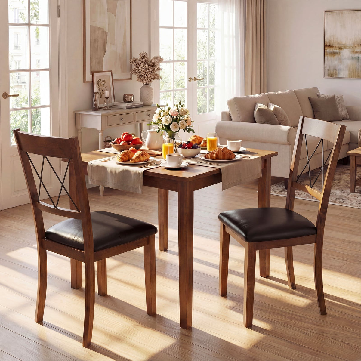 Dining Chair Set of 2 Fabric Upholstered Kitchen Armless Chairs with Rubber Wood Frame-Walnut-Dining Chairs-DECOROLALA