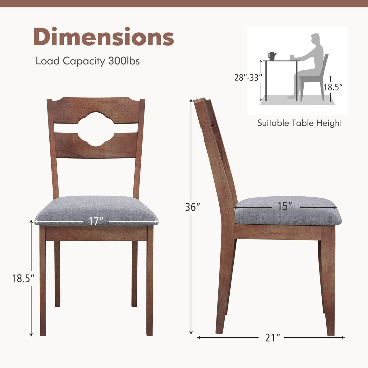 Dining Chair Set of 2 Fabric Upholstered Kitchen Chairs with Padded Seat and High Back-Gray-Dining Chairs-DECOROLALA