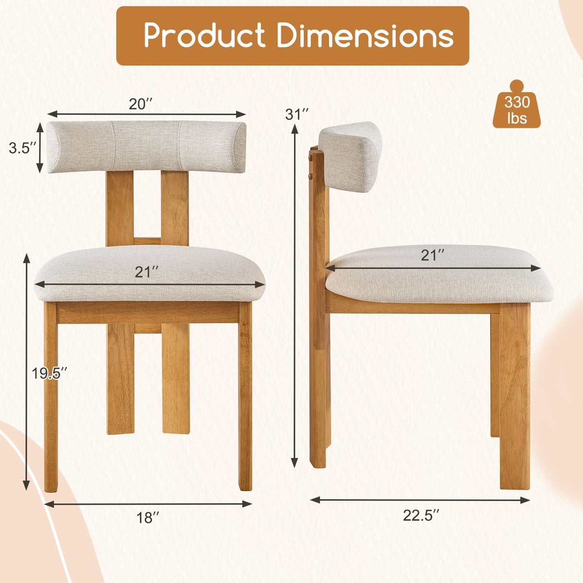 Dining Chair Set of 2 Upholstered Kitchen Chair with Padded Seat-Natural-Dining Chairs-DECOROLALA