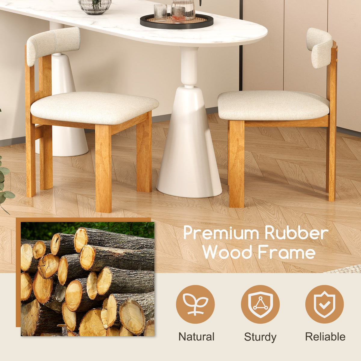 Dining Chair Set of 2 Upholstered Kitchen Chair with Padded Seat-Natural-Dining Chairs-DECOROLALA