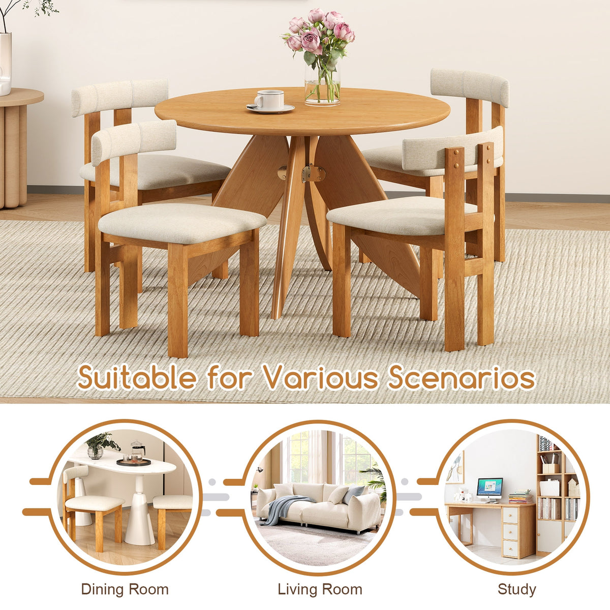 Dining Chair Set of 2 Upholstered Kitchen Chair with Padded Seat-Natural-Dining Chairs-DECOROLALA