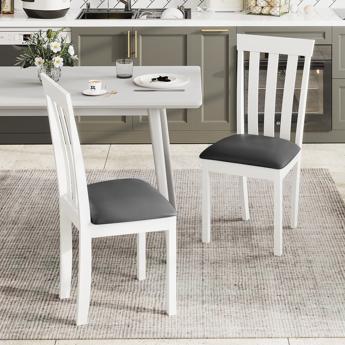 Dining Chair Set of 2 Upholstered Wooden Kitchen Chairs with Padded Seat and Rubber Wood Frame-White-Dining Chairs-DECOROLALA