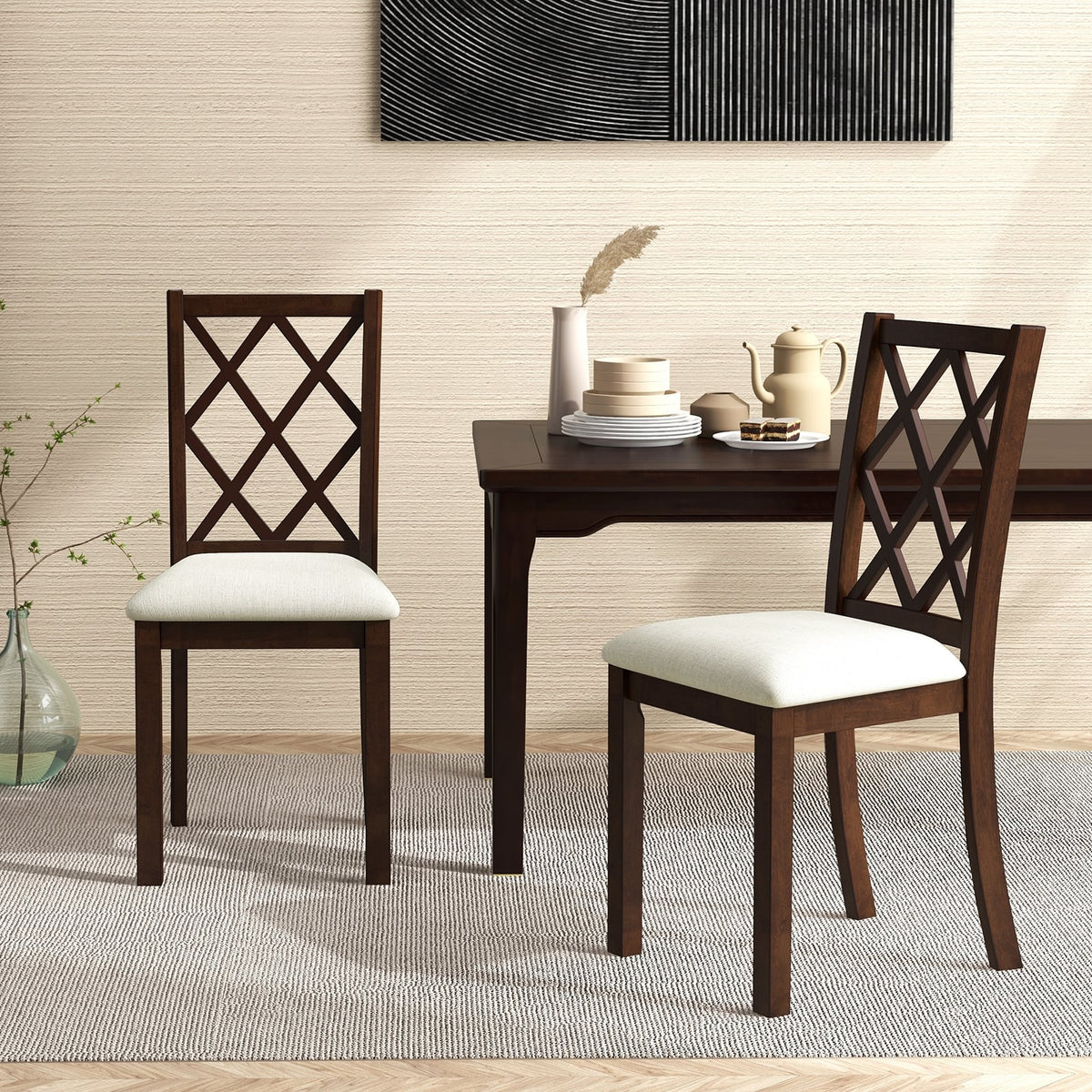 Dining Chair Set of 2 Wood Kitchen Chairs with Upholstered Seat Cushion and Rubber Wood Legs-Brown-Dining Chairs-DECOROLALA