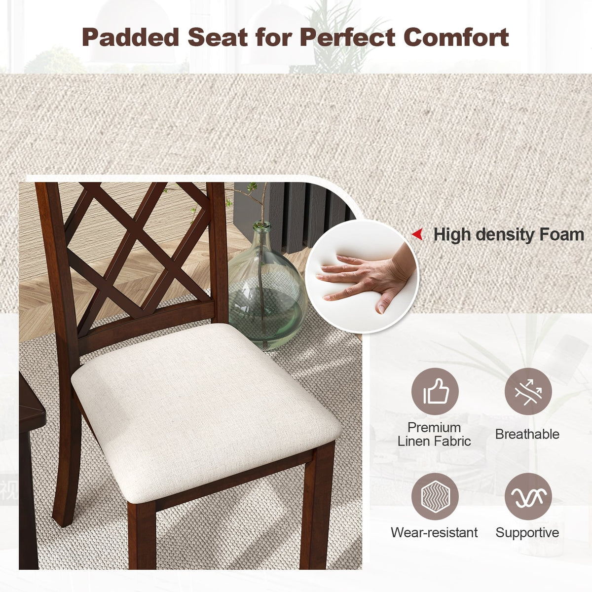 Dining Chair Set of 2 Wood Kitchen Chairs with Upholstered Seat Cushion and Rubber Wood Legs-Brown-Dining Chairs-DECOROLALA