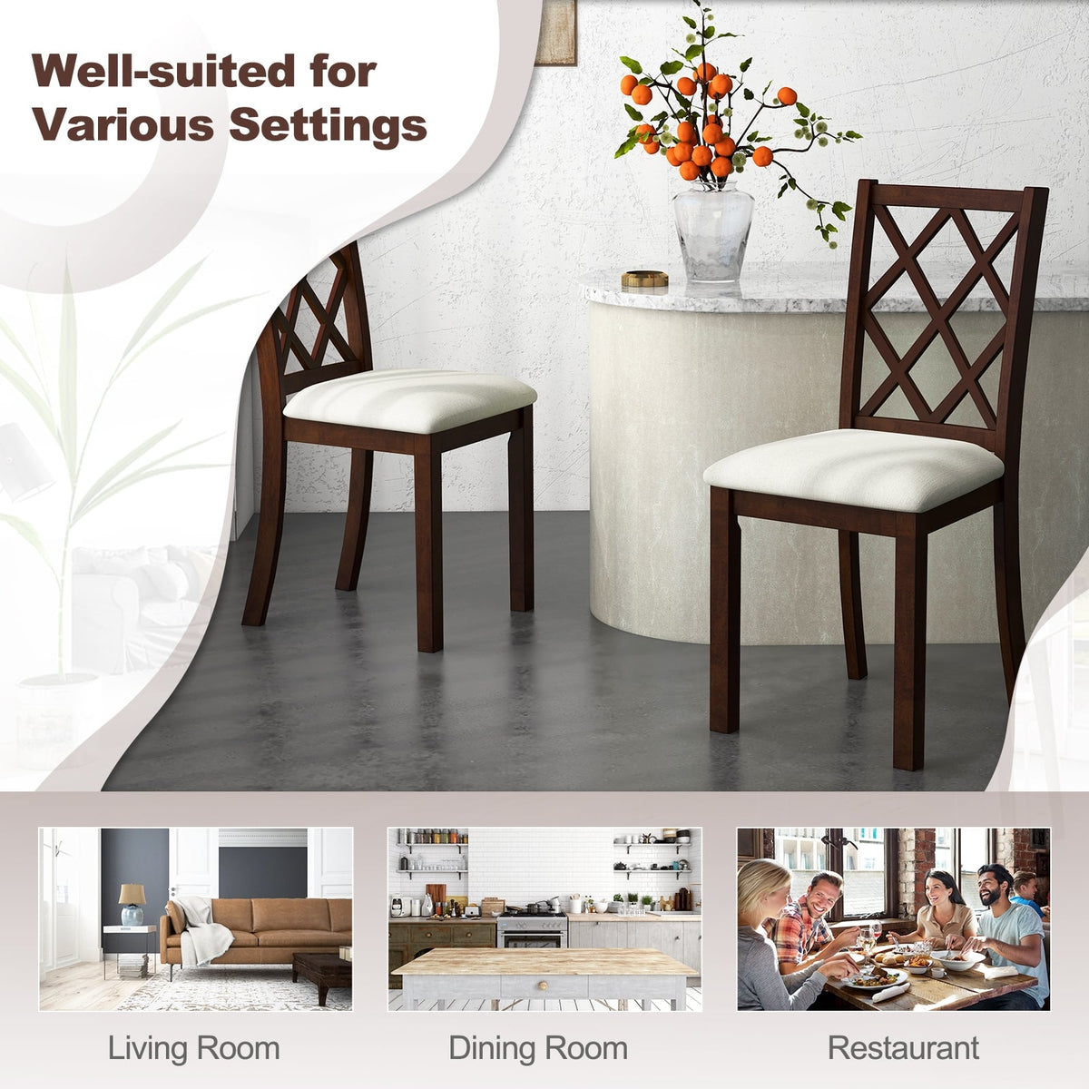 Dining Chair Set of 2 Wood Kitchen Chairs with Upholstered Seat Cushion and Rubber Wood Legs-Brown-Dining Chairs-DECOROLALA