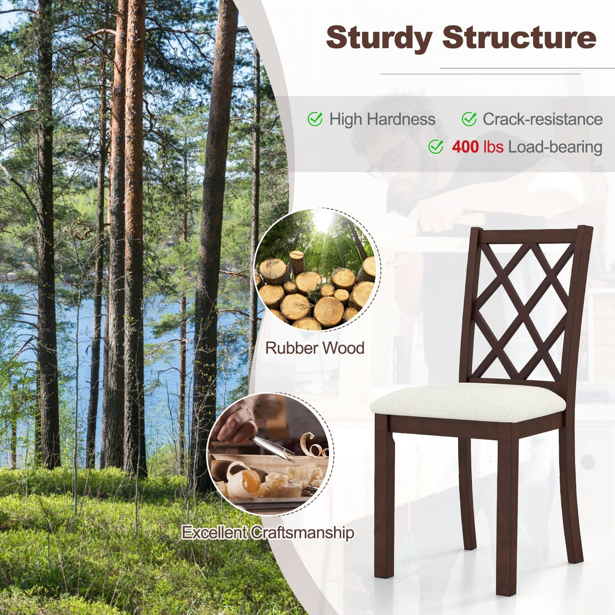 Dining Chair Set of 2 Wood Kitchen Chairs with Upholstered Seat Cushion and Rubber Wood Legs-Brown-Dining Chairs-DECOROLALA