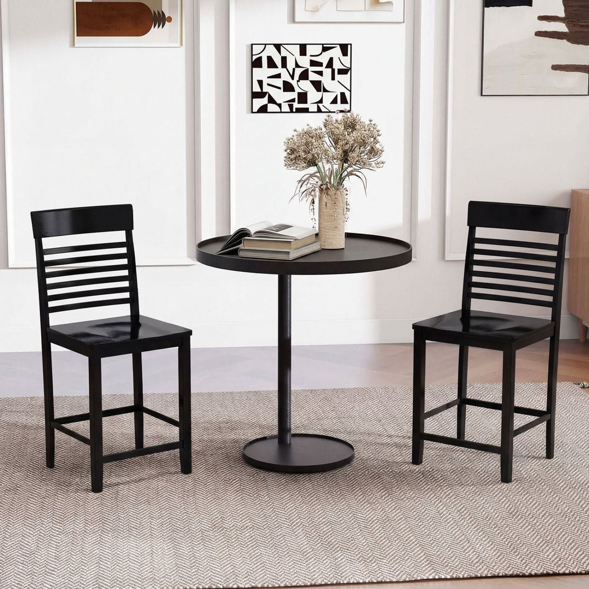 Dining Chair Set of 2 with Footrests and Solid Wood Frame-Black-Dining Chairs-DECOROLALA