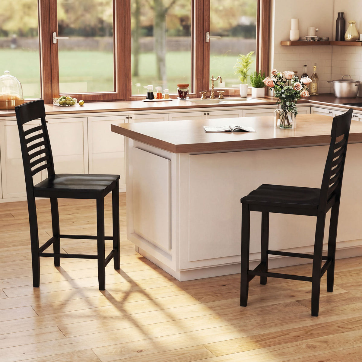 Dining Chair Set of 2 with Footrests and Solid Wood Frame-Black-Dining Chairs-DECOROLALA