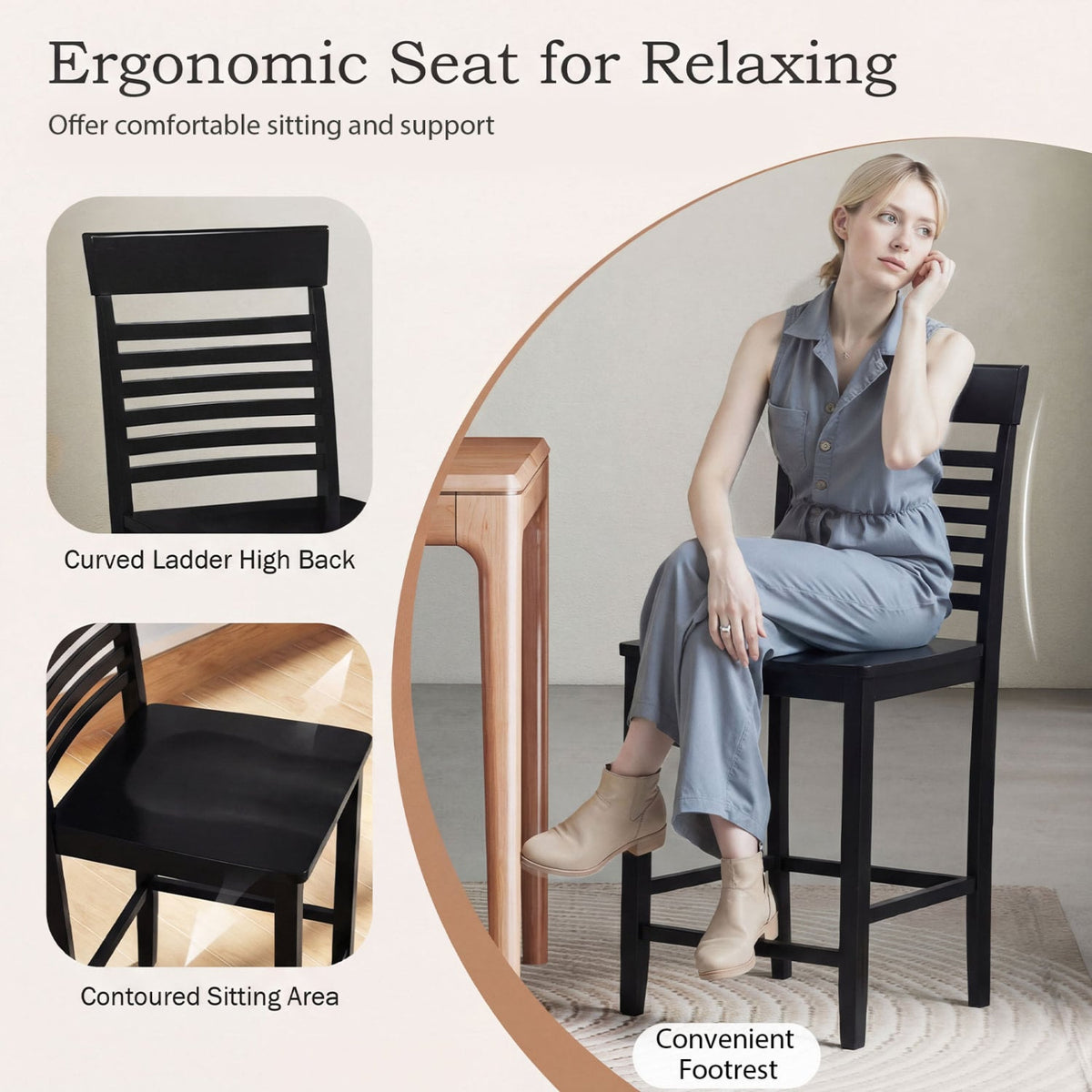 Dining Chair Set of 2 with Footrests and Solid Wood Frame-Black-Dining Chairs-DECOROLALA