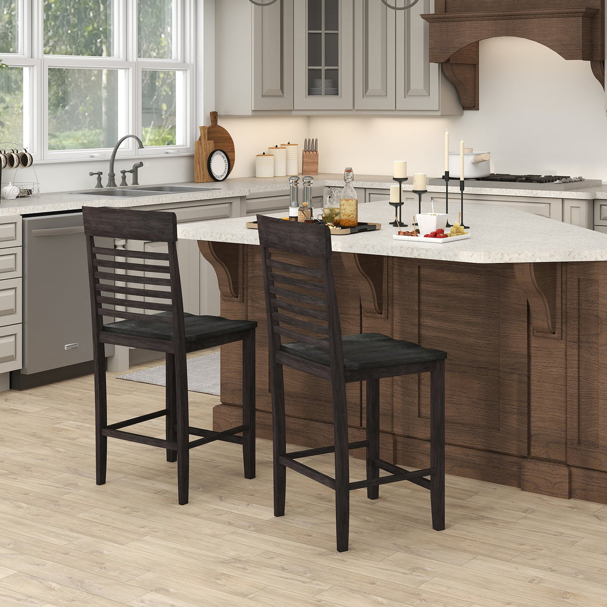 Dining Chair Set of 2 with Footrests and Solid Wood Frame-Gray-Dining Chairs-DECOROLALA
