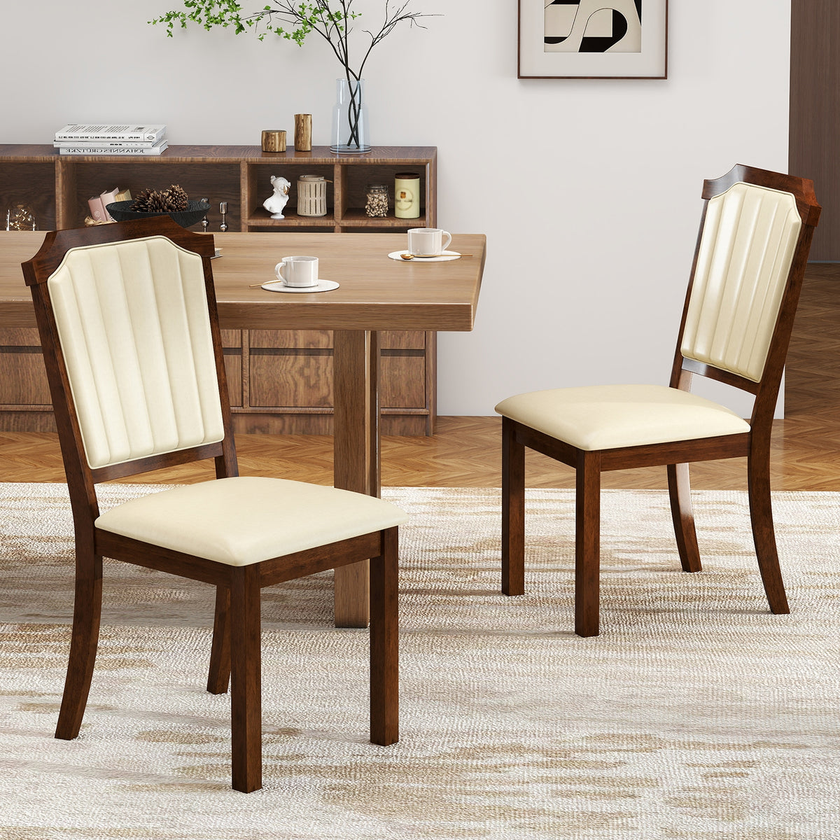 Dining Chair Set of 2 with PU Leather and Rubber Wood Frame-Brown-Dining Chairs-DECOROLALA