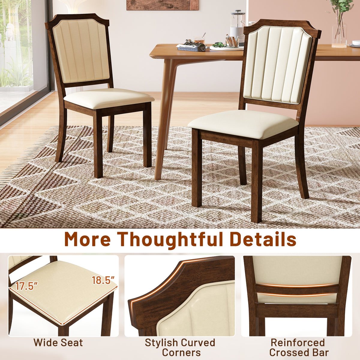 Dining Chair Set of 2 with PU Leather and Rubber Wood Frame-Brown-Dining Chairs-DECOROLALA
