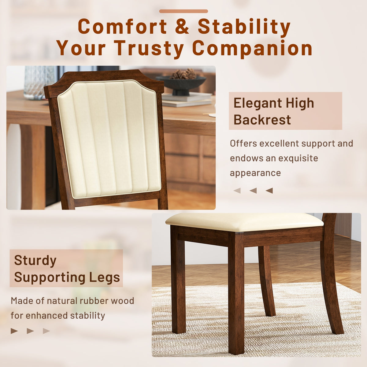 Dining Chair Set of 2 with PU Leather and Rubber Wood Frame-Brown-Dining Chairs-DECOROLALA